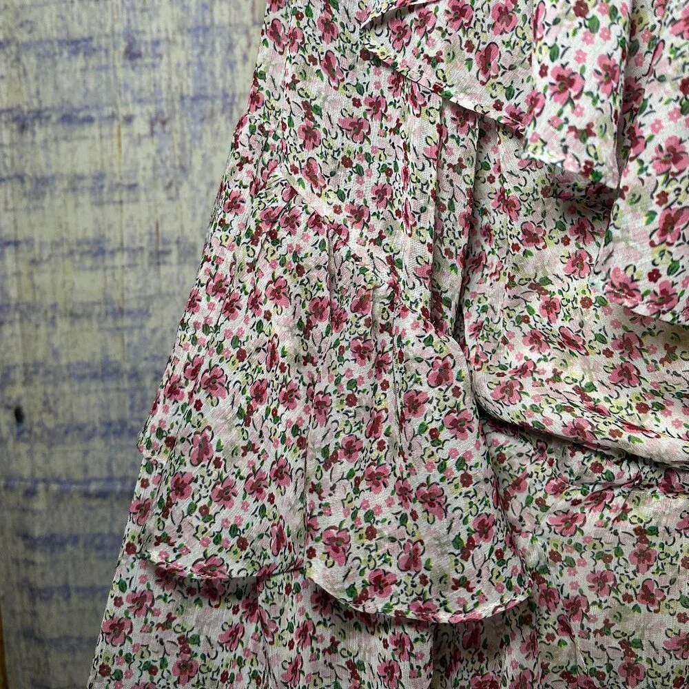 M/L Floral Print Long Sleeve Eyelet Ruffled Mini Tie Waist Dress - Picture 5 of 7